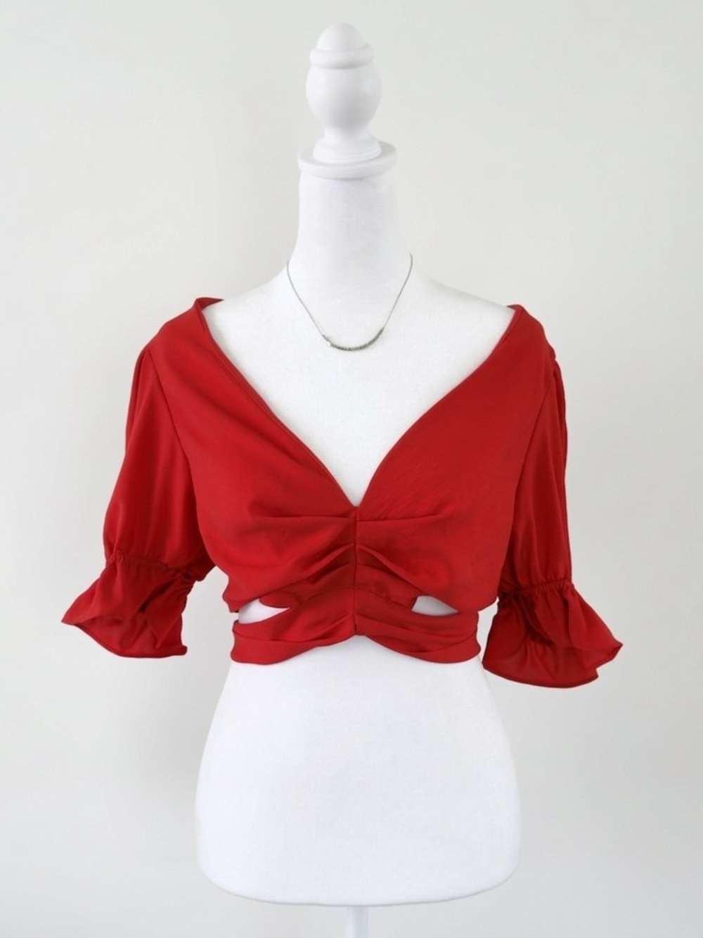 Fashion Nova Red Tie Back Cutout Crop Top Puff Sleeve Blouse